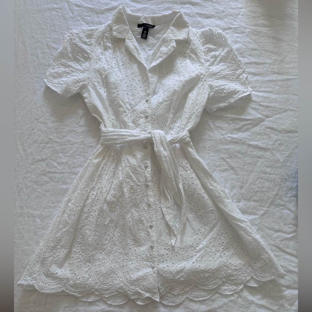 Aqua White Puff Sleeve Mini Dress